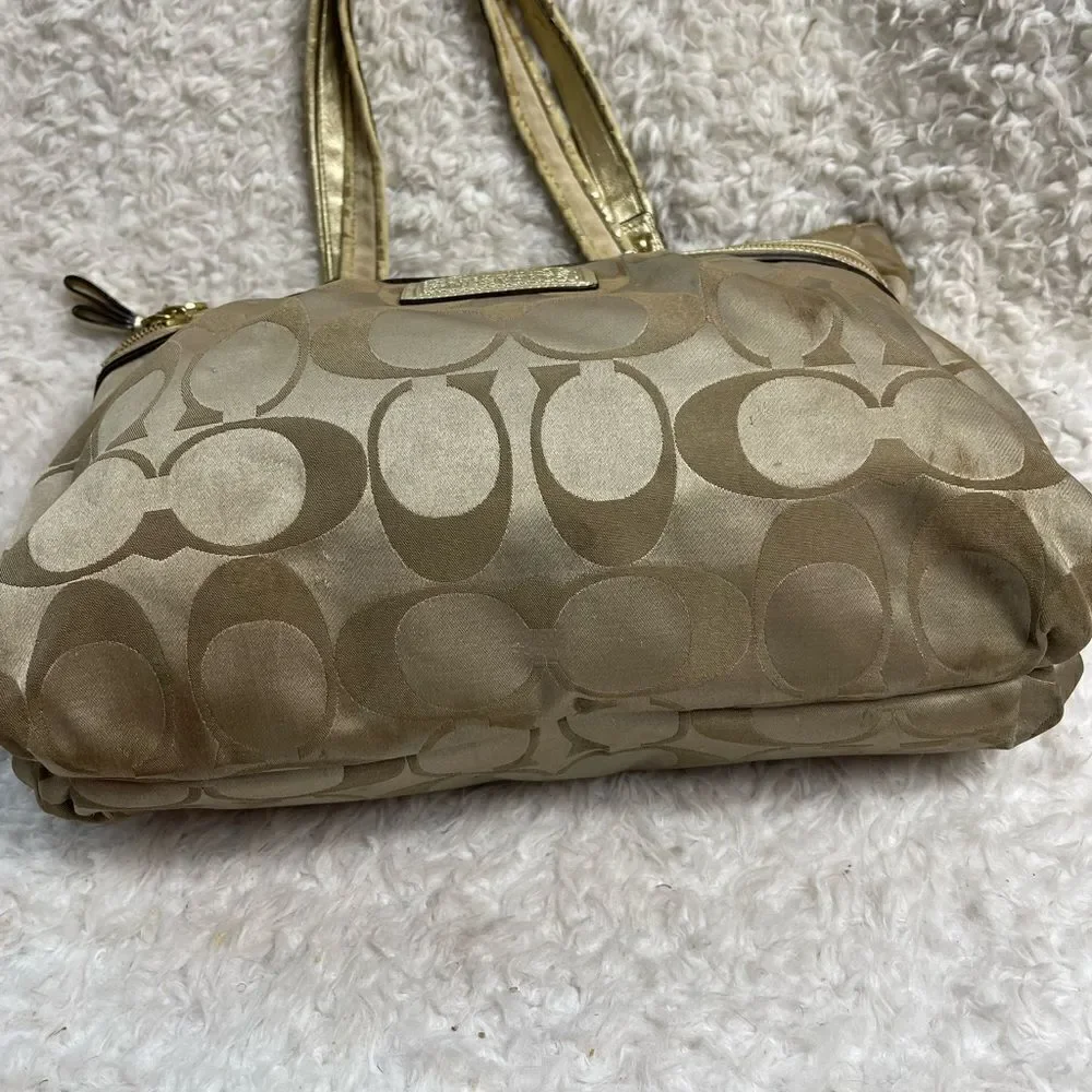 Coach large Tote Bag satin gold Signature F20026 metallic gold trim & Straps.